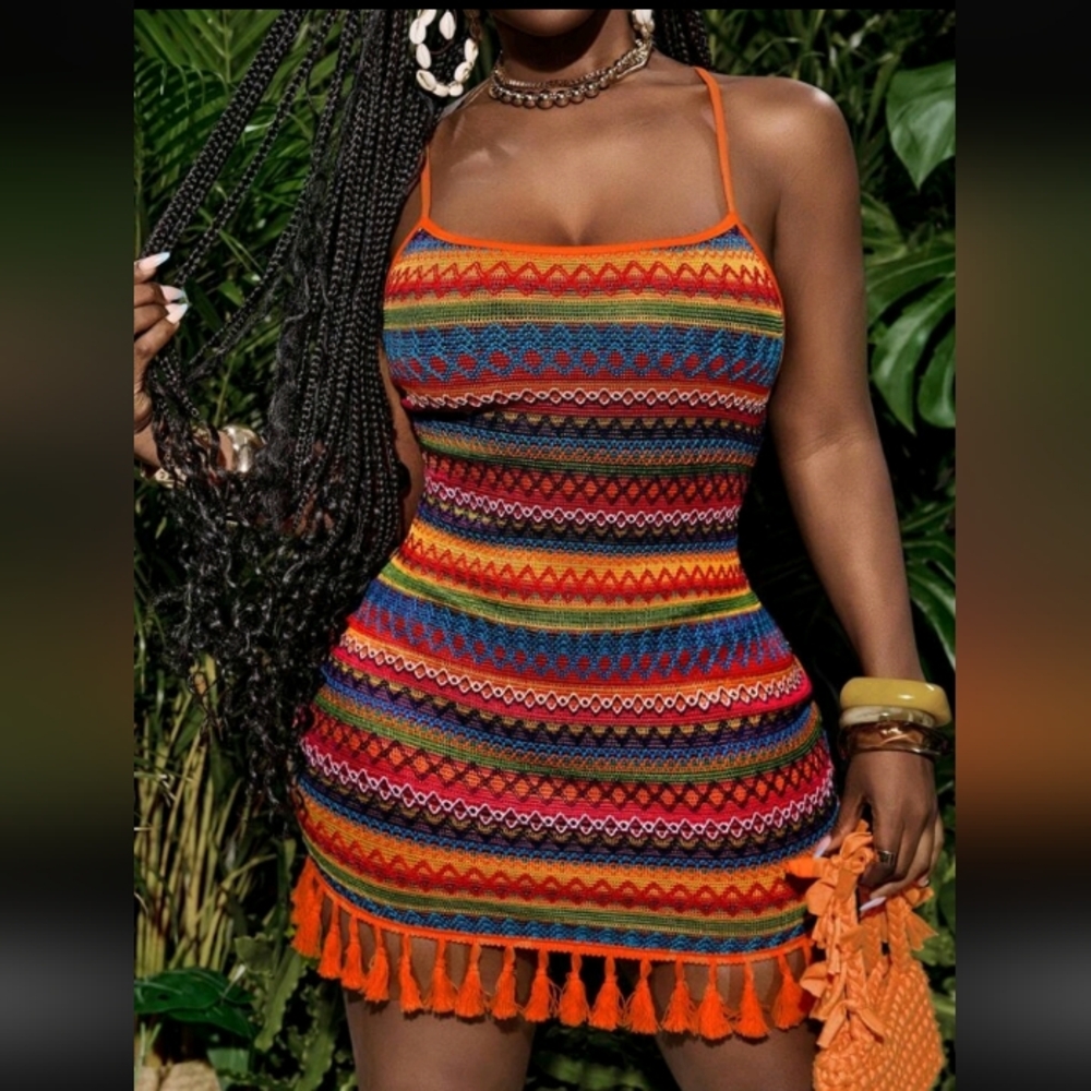 Colorful Striped Tassel Hem Bodycon Dress - Multicolor